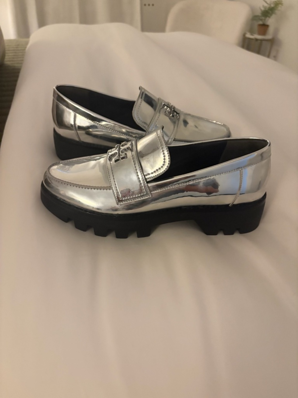 Tory Burch silver loafers. Worn one time indoors. Size 8 1/2.